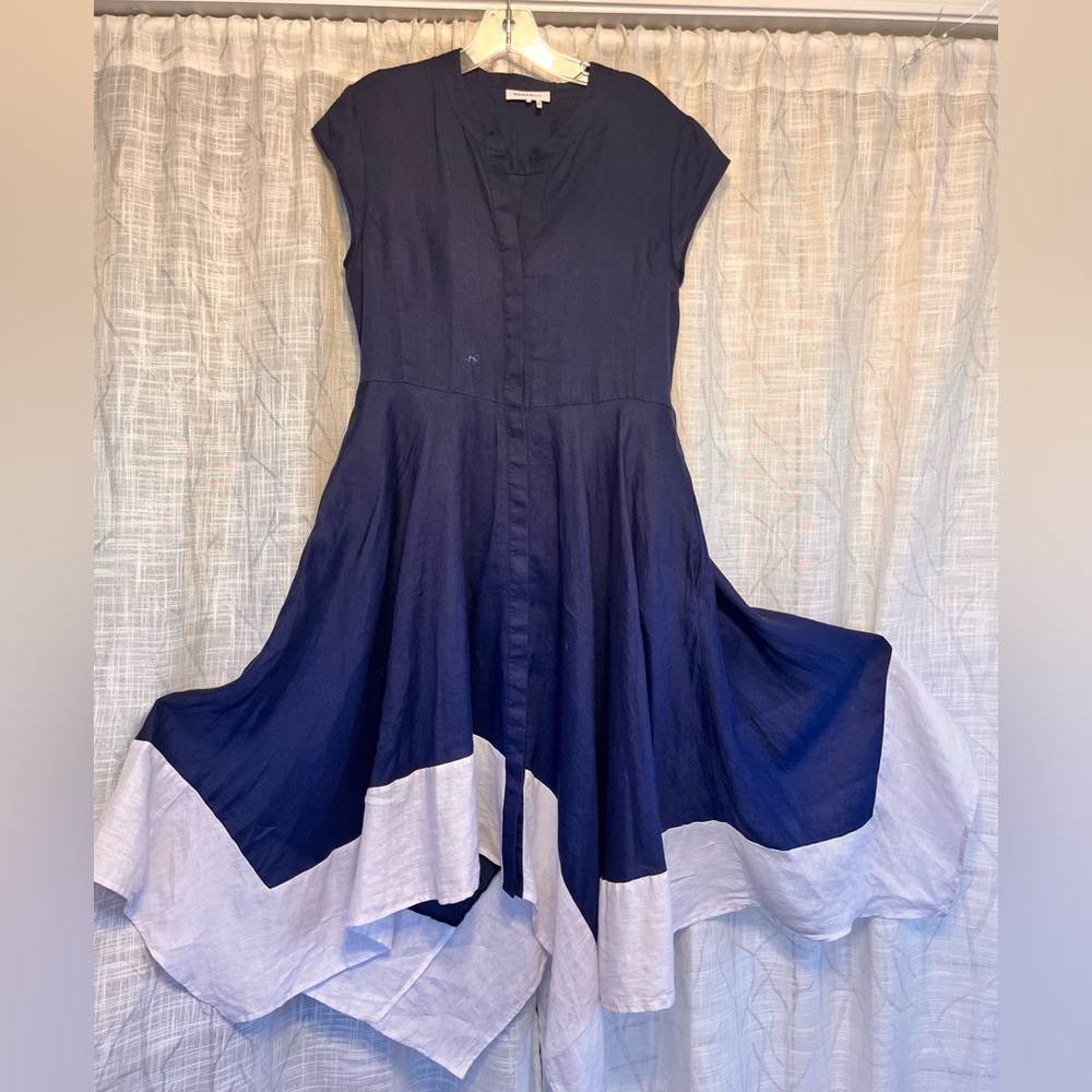 DKNY pure Asymmetrical Navy and White Linen Dress